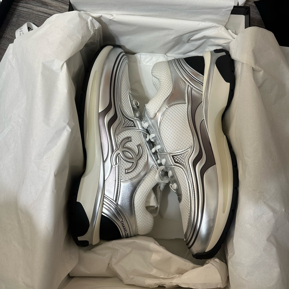 Chanel Men's Silver and White Sneakers